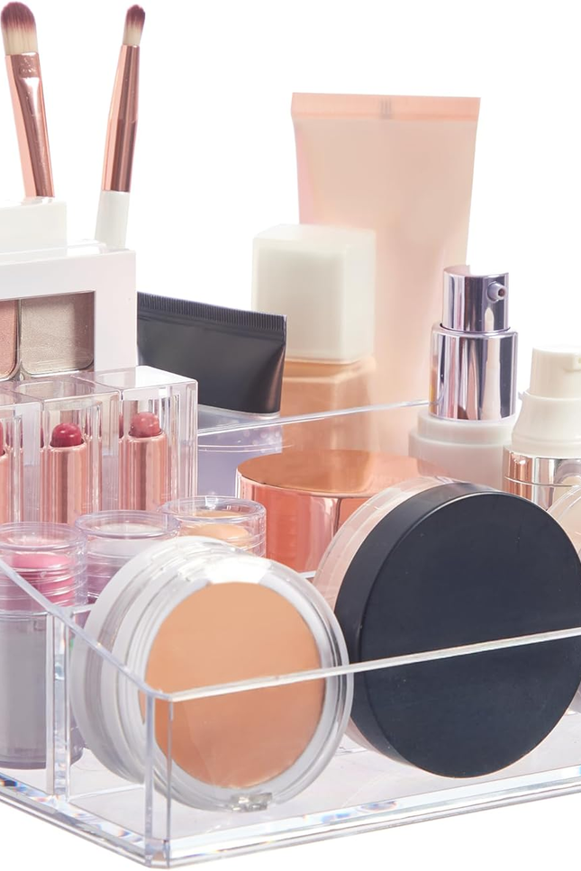 Clear Plastic Small Countertop Vanity Makeup Organizer, Compact Rectangular 4-Co