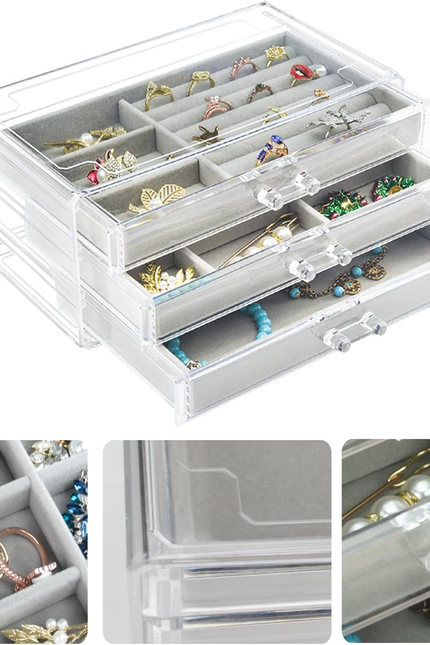 Acrylic Jewelry Box 3 Drawers, Velvet Jewellery Organizer, Earring Rings Necklac