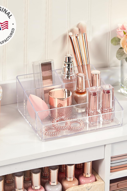 Stori Clear Plastic Small Countertop Vanity Makeup Organizer, Compact Rectangula