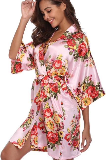 Women Floral Robes Bridesmaids Short Satin Kimono Sleepwear for Wedding Party