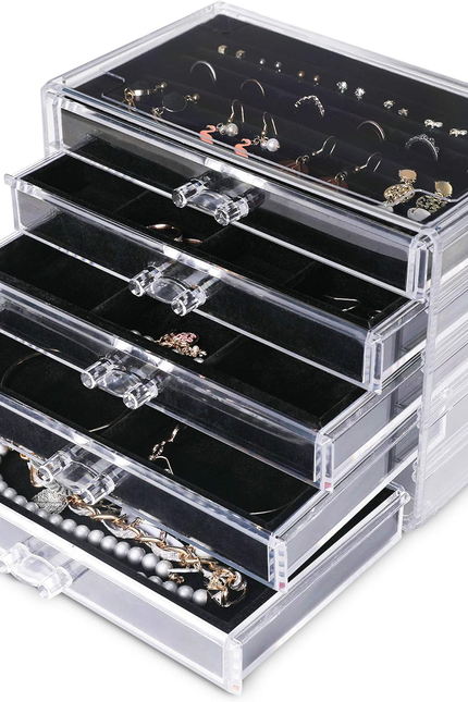 Frebeauty Extra Large Acrylic Jewelry Box for Women Girls 5 Layers Clear Velvet 