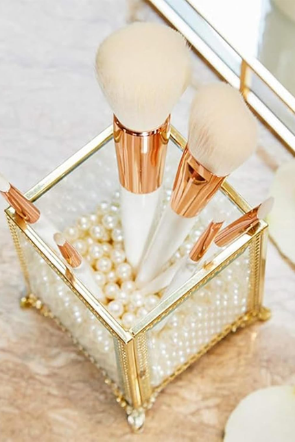 Putwo Vintage Makeup Brush Holder Glass and Brass Organizer Handmade Cosmetic Br