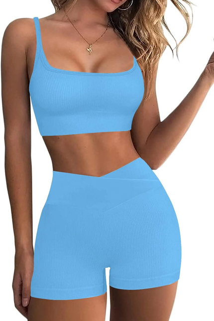 Workout Sets for Women Two Piece Sexy Summer Sports Bra and Crossover Shorts Mat