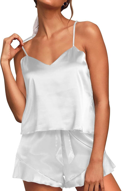Aamikast Womens Silk Satin Pajama Sets Sexy Cami Ruffled Shorts Sets 2 Piece Pjs