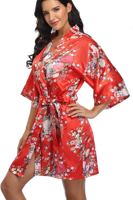Women'S Floral Short Satin Bridesmaid Robes Silky Bride Robes Getting Ready