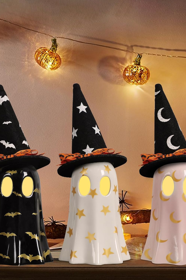 Halloween Decor Indoor, Set of 3 Ceramic Ghosts with Witch Hats, Cute Spooky Gho