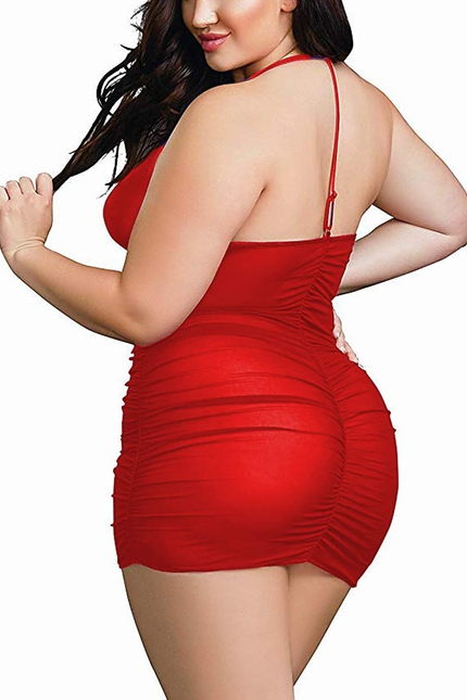 Plus Size Sheer Stretch Mesh Babydoll Dress Zipper Shirring Halter Chemise Curvy