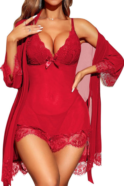 RSLOVE Women Sexy Lingerie Set 3 Piece Babydoll & Lace Kimono Robe Strap Chemise