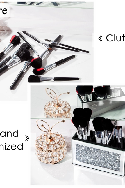 SHYFOY Mirrored Makeup Brush Holder Organizer, 3 Slot Glass Cosmetics Brushes St