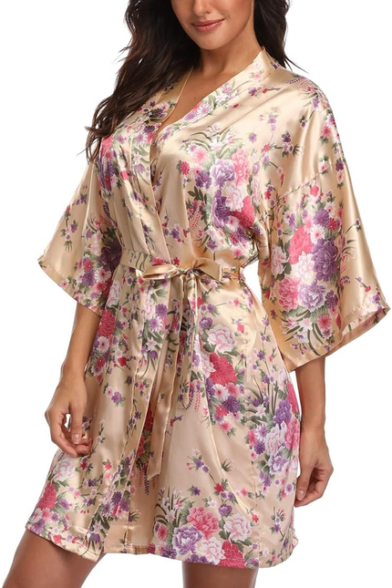 Women'S Floral Short Satin Bridesmaid Robes Silky Bride Robes Getting Ready