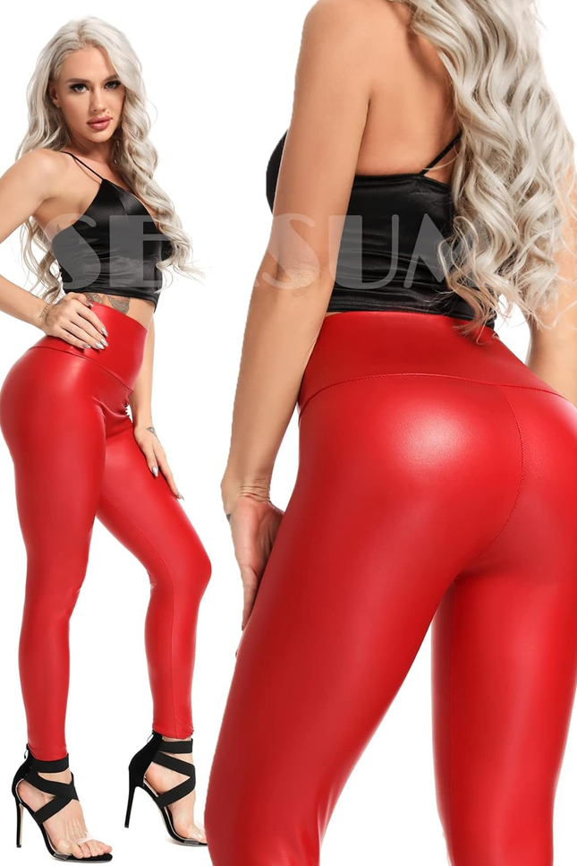SEASUM Faux Leather Leggings for Women Stretchy High Waisted Butt Lifting Black 