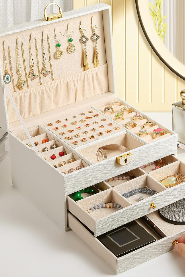 3 Layer Jewelry Box, Lockable Jewelry Holder Organizer with Jewelry Drawer, Larg