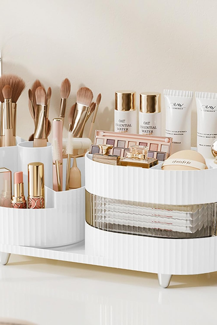 360° Rotating Vanity Makeup Organizer with Brush Holder, Large Spinning Cosmetic