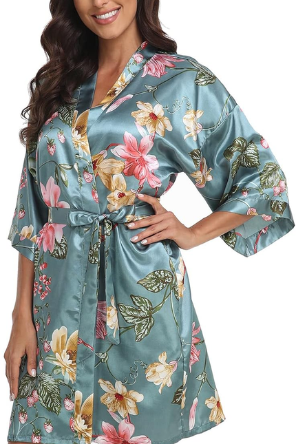 Women Floral Robes Bridesmaids Short Satin Kimono Sleepwear for Wedding Party