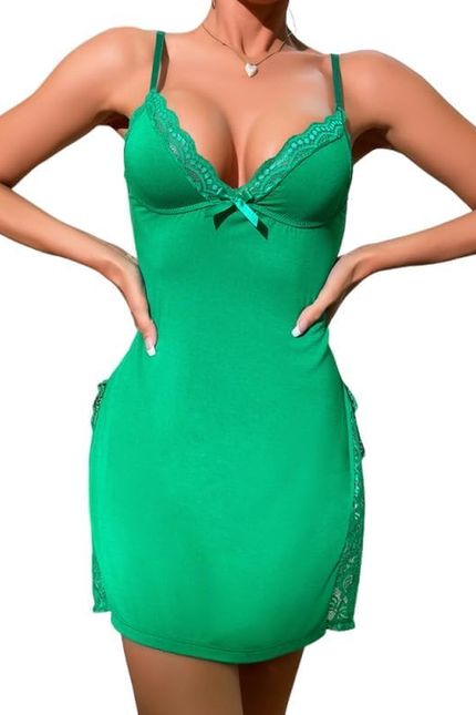 CHICME Women'S Lace Trim Side Slit Modal Cami Sleep Dress Loungewear Sexy Night 