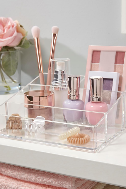 Stori Clear Plastic Small Countertop Vanity Makeup Organizer, Compact Rectangula
