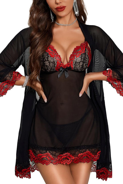 RSLOVE Women Sexy Lingerie Set 3 Piece Babydoll & Lace Kimono Robe Strap Chemise