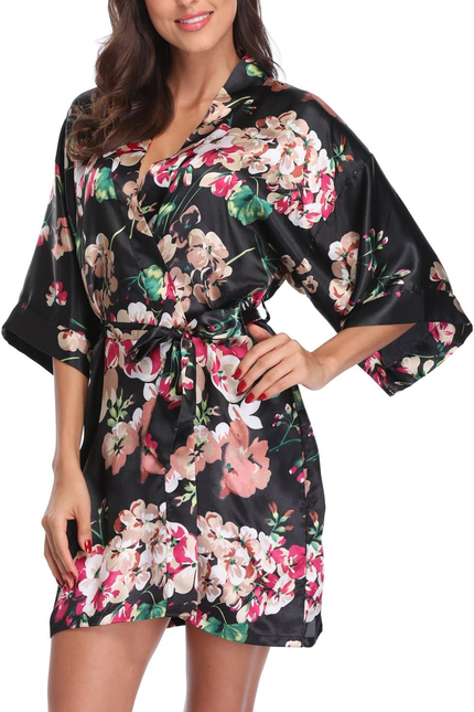 Women Floral Robes Bridesmaids Short Satin Kimono Sleepwear for Wedding Party