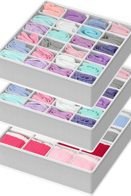 2 Pack Closet Sock Organizer, 24 Cell Drawer Divider, Gray