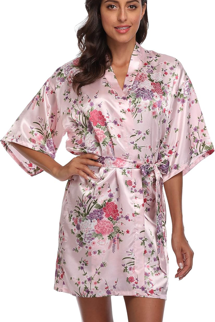 Women Floral Satin Kimono Robes Short Bridesmaid Robe for Getting Ready Wedding 