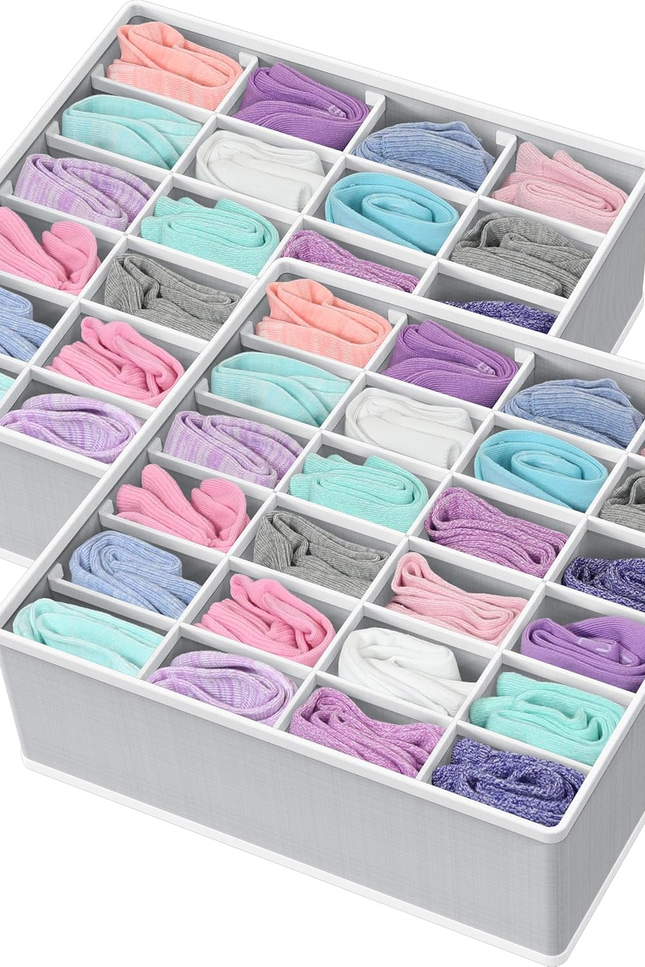 2 Pack Closet Sock Organizer, 24 Cell Drawer Divider, Gray