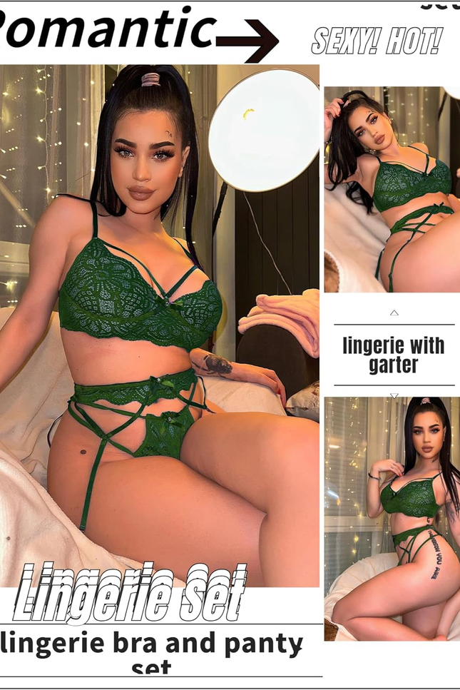 Women Lingerie Set with Garter Belts Sexy Bra and Panty Set Lace Teddy Bodysuit