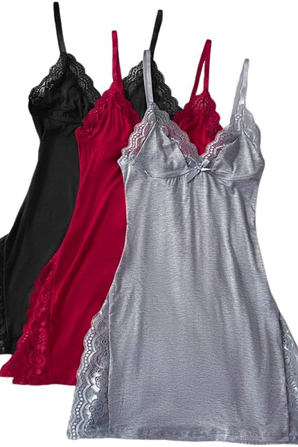 CHICME Women'S Lace Trim Side Slit Modal Cami Sleep Dress Loungewear Sexy Night 