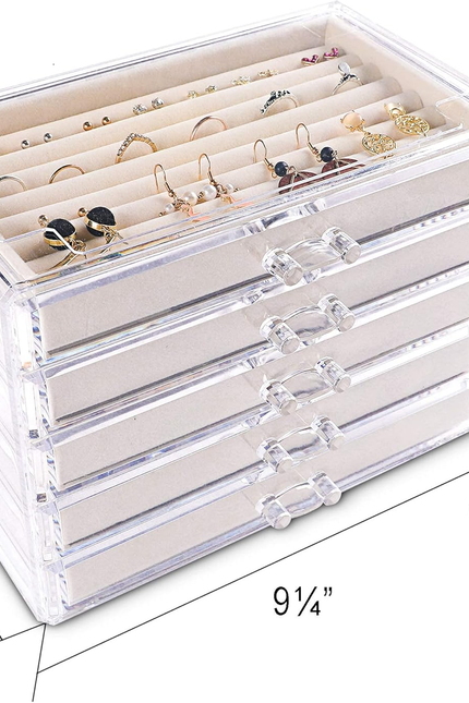 Frebeauty Extra Large Acrylic Jewelry Box for Women Girls 5 Layers Clear Velvet 