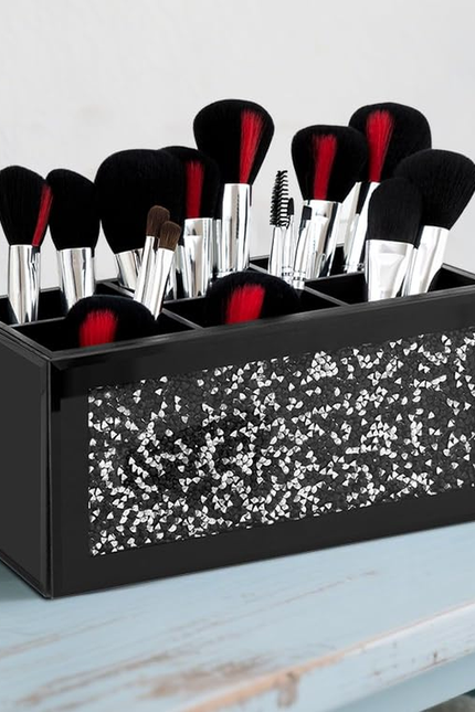 SHYFOY Mirrored Makeup Brush Holder Organizer, 3 Slot Glass Cosmetics Brushes St