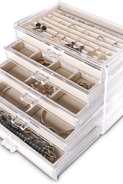 Frebeauty Extra Large Acrylic Jewelry Box for Women Girls 5 Layers Clear Velvet 