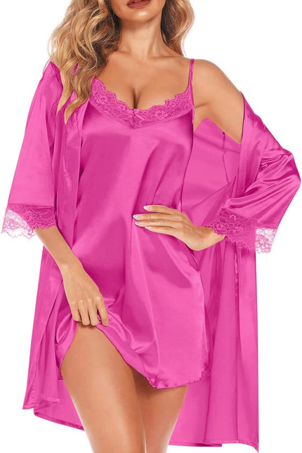 Women's Satin Robe & Cami Nightgown Set - 2 Piece Lace Pajamas Nightwear