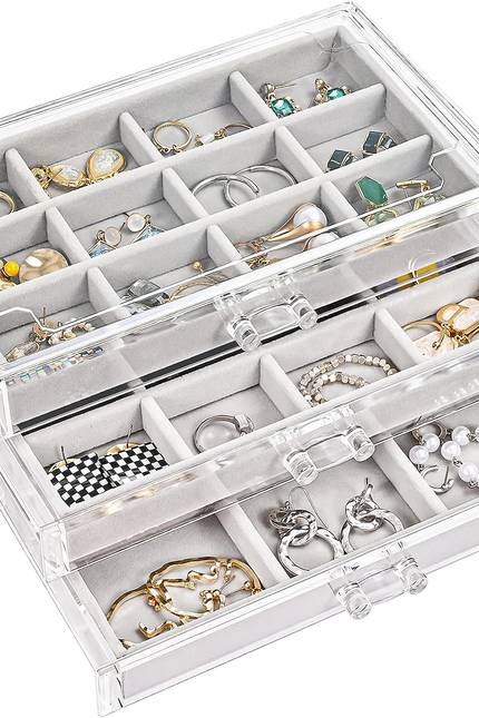 Procase Earring Holder Organizer Jewelry Box with 3 Drawers, Acrylic Clear Earri