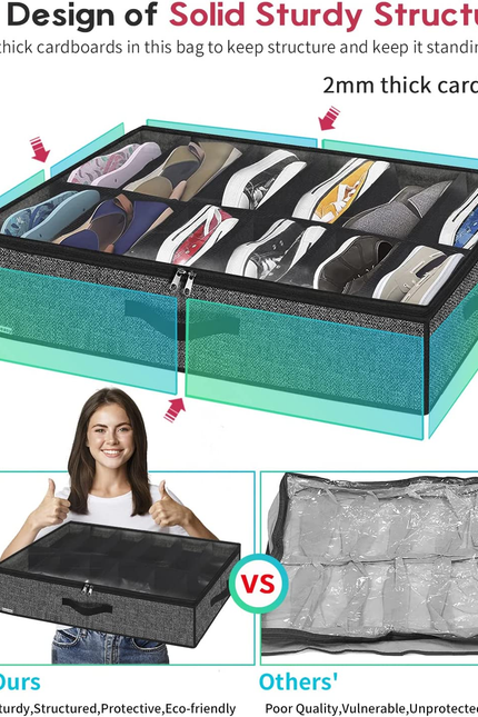 Sturdy under Bed Shoe Storage Organizer, Set of 2, Fit 12 to 24 Pairs, Underbed 