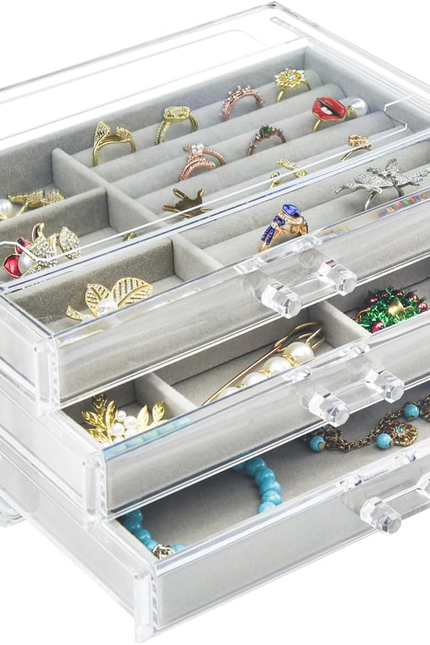 Acrylic Jewelry Box 3 Drawers, Velvet Jewellery Organizer, Earring Rings Necklac