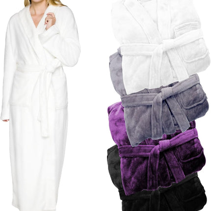 Women wearing full length plush fleece bath robe with shawl collar and tie waist in black