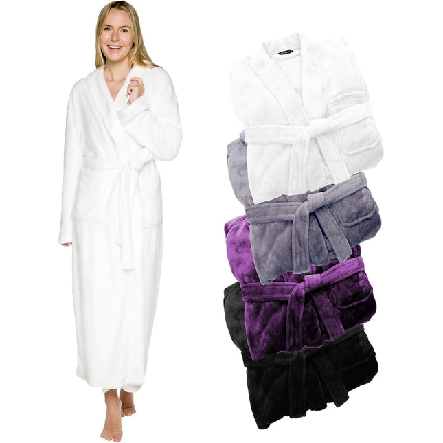 Women wearing full length plush fleece bath robe with shawl collar and tie waist in black