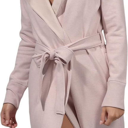 Women wearing ultra plush cozy fleece robe with shawl collar and pockets in heather grey