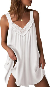 Ekouaer Women'S Satin Silk Nightgown V Neck Sexy Nightdress Tank Sleeveless Sleepshirt Lace Sleep Dress Nightwear S-XXXL