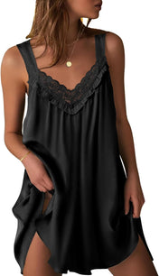 Ekouaer Women'S Satin Silk Nightgown V Neck Sexy Nightdress Tank Sleeveless Sleepshirt Lace Sleep Dress Nightwear S-XXXL