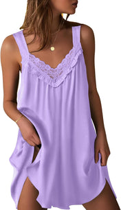 Ekouaer Women'S Satin Silk Nightgown V Neck Sexy Nightdress Tank Sleeveless Sleepshirt Lace Sleep Dress Nightwear S-XXXL