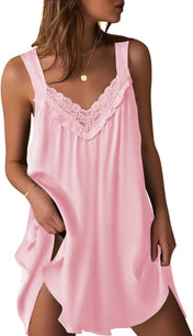 Ekouaer Women'S Satin Silk Nightgown V Neck Sexy Nightdress Tank Sleeveless Sleepshirt Lace Sleep Dress Nightwear S-XXXL