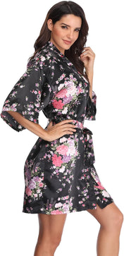 Super Shopping-Zone Women'S Floral Short Satin Bridesmaid Robes Silky Bride Robes Getting Ready