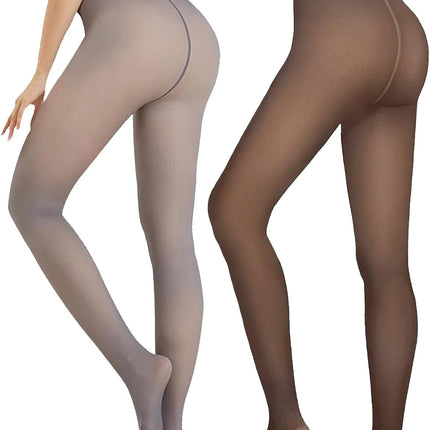 2 Pairs Women Fleece Lined Tights-Fake Translucent Leggings High Waist Pantyhose Sheer Thick Warm Tights for Women