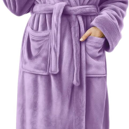 Women’s plush fleece long bath robe with shawl collar in solid color