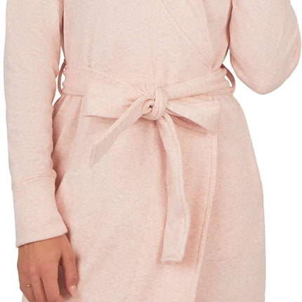 Women wearing ultra plush cozy fleece robe with shawl collar and pockets in heather grey