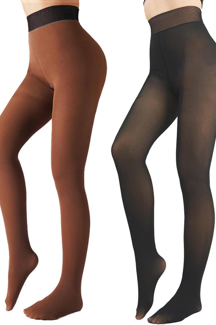 2 Pairs Women Fleece Lined Tights-Fake Translucent Leggings High Waist Pantyhose Sheer Thick Warm Tights for Women