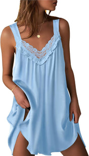 Ekouaer Women'S Satin Silk Nightgown V Neck Sexy Nightdress Tank Sleeveless Sleepshirt Lace Sleep Dress Nightwear S-XXXL
