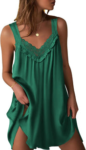 Ekouaer Women'S Satin Silk Nightgown V Neck Sexy Nightdress Tank Sleeveless Sleepshirt Lace Sleep Dress Nightwear S-XXXL