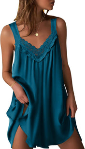 Ekouaer Women'S Satin Silk Nightgown V Neck Sexy Nightdress Tank Sleeveless Sleepshirt Lace Sleep Dress Nightwear S-XXXL