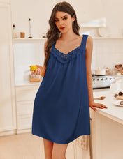 Ekouaer Women'S Satin Silk Nightgown V Neck Sexy Nightdress Tank Sleeveless Sleepshirt Lace Sleep Dress Nightwear S-XXXL